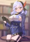  1girl absurdres ako_(blue_archive) bell black_gloves black_legwear blue_archive blue_eyes blue_hair blurry blurry_background blush bookshelf breasts buttons double-breasted ear_piercing earrings embarrassed garter_belt gloves gradient_eyes hair_between_eyes hairband half_gloves hand_on_table highres holding indoors jewelry large_breasts long_hair long_sleeves looking_at_viewer multicolored_eyes neck_bell piercing purple_eyes sbgu shiny shiny_hair sideboob skindentation solo table tearing_up thighhighs zettai_ryouiki 