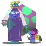  2016 absurd_res anthro aura_(junk_planet) avian basket bree_(junk_planet) container duo egg egg_carton eyes_closed female halloween_costume hand_holding happy hi_res male potoobrigham protagonist_(undertale) scalie smug toriel undertale undertale_(series) video_games wide_hips 