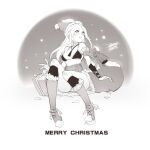  1girl bag blush breasts character_request christmas dated ejami gift hat long_hair merry_christmas monochrome santa_hat signature smile snow solo swimsuit thighhighs 