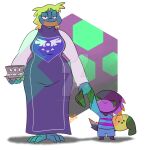  anthro aura_(junk_planet) avian bree_(junk_planet) duo egg female halloween_costume hand_holding hi_res male potoobrigham protagonist_(undertale) scalie shaded simple_background smug toriel undertale undertale_(series) video_games wide_hips 