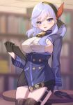  1girl absurdres ako_(blue_archive) bell black_gloves black_legwear blue_archive blue_eyes blue_hair blurry blurry_background blush bookshelf breasts buttons double-breasted ear_piercing earrings garter_belt gloves hair_between_eyes hairband half_gloves hand_on_table highres holding indoors jewelry large_breasts long_hair long_sleeves looking_at_viewer neck_bell piercing sbgu shiny shiny_hair sideboob skindentation solo table thighhighs zettai_ryouiki 