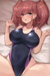  1girl atlanta_(kancolle) bare_arms bare_legs bare_shoulders bed_sheet black_swimsuit blue_eyes blush breasts brown_hair collarbone competition_swimsuit covered_nipples earrings eyebrows_visible_through_hair groin hair_between_eyes highres jewelry kantai_collection kihou_no_gotoku_dmc large_breasts long_hair one-piece_swimsuit open_mouth solo star_(symbol) star_earrings swimsuit two_side_up 