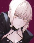  1girl artoria_pendragon_(fate) bangs black_choker breasts choker cleavage closed_mouth collarbone eyebrows_visible_through_hair fate/stay_night fate_(series) fov_ps hair_between_eyes highres looking_at_viewer portrait red_background saber_alter short_hair silver_hair smile solo yellow_eyes 