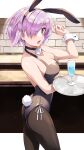  1girl :o absurdres animal_ears ass black_choker black_legwear black_leotard breasts choker cleavage commentary_request cup drinking_glass fate/grand_order fate_(series) fromm_side hair_over_one_eye hand_up highres holding holding_tray large_breasts leotard marie_(pixiv31942978) mash_kyrielight neck_ribbon open_mouth pantyhose pink_eyes pink_hair pink_nails playboy_bunny rabbit_ears rabbit_tail ribbon short_hair solo tail tray wine_glass wrist_cuffs 