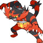  claws colored_sclera commentary_request fire full_body furry green_eyes incineroar kawaanago leaning_forward legs_apart lowres pokemon pokemon_(creature) sharp_teeth solo teeth toes transparent_background yellow_sclera 
