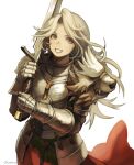 1girl armor breastplate brown_eyes cape commentary_request gauntlets grin holding holding_sword holding_weapon long_hair looking_at_viewer muraicchi_(momocchi) open_mouth original red_cape shoulder_armor signature simple_background smile solo sword upper_body waist_cape weapon white_background white_hair 