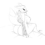  2021 anthro areola arm_warmers armwear bandai_namco bed bed_sheet bedding big_breasts big_butt breasts bubble_butt butt clothing digimon digimon_(species) female furniture girokett greyscale monochrome neck_tuft nipples nude on_bed renamon signature simple_background sitting sketch solo thick_thighs tuft white_background 