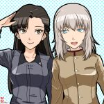  2girls :d :q aqua_background artist_name asymmetrical_bangs bangs black_hair blue_eyes brown_eyes brown_jacket chi-hatan_school_uniform closed_mouth commentary_request cosplay costume_switch dated dress_shirt girls_und_panzer grey_shirt high_collar itsumi_erika jacket kuromorimine_school_uniform long_hair long_sleeves looking_at_another looking_at_viewer medium_hair multiple_girls nishi_itsumi nishi_kinuyo open_mouth partial_commentary polka_dot polka_dot_background salute school_uniform shirt side-by-side silver_hair smile straight_hair tongue tongue_out upper_body wing_collar 