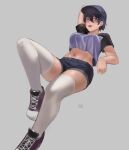  1girl baseball_cap black_hair breasts cropped_shirt dated_commentary eyebrows_visible_through_hair grey_background hair_between_eyes hat highres hunyan large_breasts looking_at_viewer midriff navel open_mouth original shoes short_hair short_sleeves shorts simple_background solo teeth thighhighs tomboy tomboy_(hunyan) watermark 