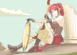  1girl absurdres armband bare_shoulders blue_sky boots bracer breasts cloud column elbow_gloves gloves gorget green_eyes high_heel_boots high_heels highres leg_armor looking_at_viewer milo_and_akouo parted_lips pillar ponytail pouch pyrrha_nikos red_hair rwby shield sideboob sky solo thigh_boots thighhighs tiara tsukimizake 