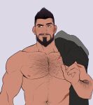  1boy arm_hair bara beard black_hair brown_eyes chest_hair closed_mouth clothes_on_shoulders facial_hair highres male_focus mature_male muscular muscular_male mustache scar seupil_hyugo_(spirohugo) short_hair smile solo the_witcher_(series) upper_body vesemir_of_kaer_morhen 