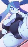  anthro blush breasts camel_toe eeveelution female genital_outline glaceon hi_res looking_at_viewer looking_down low-angle_view nintendo pok&eacute;mon pok&eacute;mon_(species) pussy_outline shirokoma solo spread_legs spreading video_games 