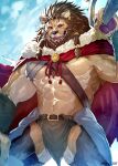  2021 abs anthro biceps bottomwear clothing ear_piercing felid fur hair hi_res holding_object lion male mammal melee_weapon muscular muscular_anthro muscular_male pantherine pecs piercing red_eyes sky_(artist) sky_gomi solo weapon 