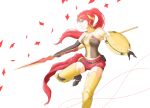  1girl absurdres armor armored_legwear belt black_gloves boots bow breastplate breasts cleavage elbow_gloves from_side gloves gorget green_eyes groin high_heel_boots high_heels high_ponytail highres long_hair medium_breasts midriff milo_and_akouo petals ponytail pyrrha_nikos red_hair rwby standing standing_on_one_leg tiara tsukimizake waist_bow waist_cape white_background 