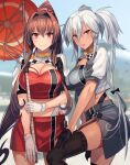  2girls alternate_costume bandeau black_gloves black_legwear blush breasts brown_eyes brown_hair closed_mouth eyebrows_visible_through_hair flower gloves grey_skirt hair_between_eyes hair_flower hair_ornament half_gloves highres jacket kantai_collection kasumi_(skchkko) large_breasts long_hair looking_at_viewer multiple_girls musashi_(kancolle) oil-paper_umbrella open_clothes open_jacket open_mouth pink_flower ponytail race_queen red_bandeau red_eyes red_skirt red_umbrella short_sleeves silver_hair skirt smile thighhighs two_side_up umbrella white_gloves yamato_(kancolle) 