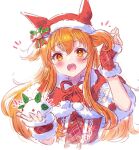  1girl animal_ears artist_name bangs belt blush capelet cropped_torso dated hat horse_ears horse_girl ittokyu long_hair mayano_top_gun_(umamusume) notice_lines open_mouth orange_hair santa_costume simple_background smile snow_bunny solo two_side_up umamusume upper_body white_background 