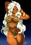  1girl aa_megami-sama ahoge animal_print bracelet breasts choker curvy dark-skinned_female dark_skin facial_mark forehead_mark gradient gradient_background highres jewelry long_hair looking_at_viewer medium_breasts open_mouth slingshot_swimsuit smile solo swimsuit thick_thighs thighs tiger_print tiger_stripes tovio_rogers urd_(aa_megami-sama) very_long_hair wavy_hair white_hair wide_hips 