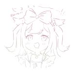  1girl :d agnes_digital_(umamusume) animal_ears bangs blush bow cropped_torso drooling eyebrows_visible_through_hair hair_bow horse_ears koruri long_hair lowres saliva shirt short_eyebrows simple_background sketch smile solo thick_eyebrows translation_request two_side_up umamusume upper_body white_background 