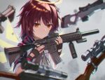  1girl akabane_hibame arknights assault_rifle black_gloves black_legwear black_skirt bolt_action breasts closed_mouth commentary_request exusiai_(arknights) fingerless_gloves gloves grey_shirt gun h&amp;k_hk416 halo handgun highres holding holding_gun holding_weapon hood hooded_jacket jacket l96a1 medium_breasts open_clothes open_jacket partial_commentary red_eyes red_hair rifle scope shirt short_hair skirt sniper_rifle solo upper_body weapon white_jacket 