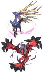  black_eyes blue_eyes commentary grey_fur highres looking_up no_humans pokemon pokemon_(creature) poyo_party red_fur simple_background talons white_background xerneas yveltal 