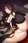  1girl ara_haan black_clothes black_gloves black_hair black_legwear blush breasts commentary devi_(elsword) elsword gloves holding_legs large_breasts leg_up long_hair nt00 on_bed open_mouth panties photoshop_(medium) revision smirk sweat thick_thighs thighhighs thighs underwear white_panties yellow_eyes 