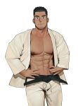  1boy abs bara belt black_belt black_eyes closed_mouth facial_hair hands_on_hips highres judo looking_at_viewer male_focus mature_male muscular muscular_male navel nywlub_(bulwyn) open_clothes open_shirt original pants pectoral_cleavage pectorals short_hair solo stubble sweat sweatdrop white_pants 