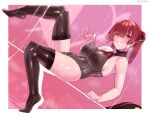  1girl ascot black_legwear bodysuit breasts brown_bodysuit commentary_request frikulu hair_ribbon heterochromia highres hololive houshou_marine large_breasts looking_at_viewer lotion pink_background red_ascot red_eyes red_hair red_ribbon ribbon short_hair smile solo thighhighs twintails virtual_youtuber wet yellow_eyes 