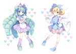  2girls animal animal_ears animal_slippers apron bag bangs bell blonde_hair blue_apron blue_bow blue_eyes blue_footwear blush bobby_socks bow bunny cat closed_mouth collared_dress commission cutesu_(cutesuu) double_bun dress drill_hair eyebrows_visible_through_hair eyepatch feathered_wings frilled_apron frilled_bow frilled_sleeves frills green_footwear green_hair hair_bell hair_between_eyes hair_bow hair_ornament heart highres izuminanase jingle_bell layered_sleeves loafers long_hair long_sleeves loose_socks medical_eyepatch miruku_(cutesuu) multiple_girls original pink_dress pink_legwear pixiv_request pleated_dress pleated_skirt puffy_short_sleeves puffy_sleeves purple_bow purple_legwear purple_skirt rabbit_ears ribbed_legwear shirt shoes short_over_long_sleeves short_sleeves shoulder_bag simple_background skirt sleeves_past_fingers sleeves_past_wrists slippers smile socks very_long_hair waist_apron white_apron white_background white_cat white_shirt white_wings wide_sleeves wings 