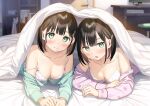  2girls akemi_(kantoku) bangs bed bed_sheet black_hair blurry blurry_background blush bra breasts cleavage closed_mouth collarbone commentary_request green_eyes highres himeru_(kantoku) indoors kantoku long_sleeves looking_at_viewer lying medium_breasts multiple_girls off_shoulder on_stomach open_mouth original pajamas short_hair smile strap_slip under_covers underwear 