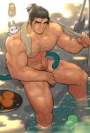  1boy abs absurdres arm_hair axe bara black_eyes black_hair bunny chest_hair closed_mouth facial_hair frog highres hunterkay large_pectorals long_hair looking_at_viewer male_focus mature_male mooncake muscular muscular_male navel nipples nude onsen original pectorals ponytail snake solo stubble tied_hair towel_on_one_shoulder water weapon wet 
