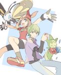  1boy 1girl :d bangs beautifly bike_shorts_under_skirt blue_eyes brown_hair closed_mouth collared_shirt commentary_request drew_(pokemon) eyebrows_visible_through_hair gloves green_eyes green_hair hand_up holding holding_poke_ball huan_li jacket may_(pokemon) medium_hair open_mouth outstretched_arms pants petals poke_ball pokemon pokemon_(anime) pokemon_(creature) pokemon_rse_(anime) purple_jacket red_bandana red_footwear red_shirt roselia shirt shoes short_hair short_sleeves skirt smile socks tongue white_skirt 