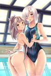  2girls absurdres alternate_costume ass blue_eyes blue_swimsuit breast_grab breasts brown_eyes competition_swimsuit grabbing grey_hair hair_ornament hair_over_one_eye hairclip hamakaze_(kancolle) high_ponytail highleg highleg_swimsuit highres kantai_collection large_breasts long_hair multiple_girls one-piece_swimsuit poolside rei_no_pool sarfata short_hair silver_hair small_breasts striped striped_swimsuit swimsuit vertical-striped_swimsuit vertical_stripes white_swimsuit zuihou_(kancolle) 