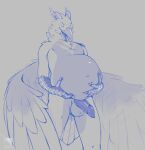  2021 anthro avian ball_tuft balls beak belly belly_expansion belly_inflation big_belly bird burnide corvid corvus_(genus) erection expansion eyes_closed feathered_wings feathers fur genitals greyscale hi_res horn humanoid_hands inflation male monochrome navel neck_tuft nude open_mouth oscine overweight overweight_anthro overweight_male passerine penis raenix_(species) schizy signature simple_background solo tail_feathers talon_hands talons tongue tuft white_body white_fur wings 