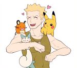  1boy :d blonde_hair blush closed_eyes commentary_request dedenne dog_tags green_shirt happy heart jaho male_focus open_mouth pachirisu pectorals pikachu pokemon pokemon_(creature) pokemon_(game) pokemon_hgss shirt short_hair sleeveless sleeveless_shirt smile surge_(pokemon) teeth tongue upper_body upper_teeth 