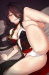  1girl ara_haan bare_arms bare_legs bare_shoulders black_clothes black_hair blush breasts commentary devi_(elsword) elsword holding_legs large_breasts leg_up long_hair nt00 on_bed open_mouth panties photoshop_(medium) revision smirk sweat thick_thighs thighs underwear white_panties yellow_eyes 
