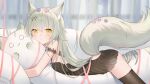  1girl animal_ear_fluff animal_ears bangs bare_shoulders black_dress black_legwear cat_pillow closed_mouth commentary_request couch dress eyebrows_visible_through_hair fox_ears fox_girl fox_tail grey_hair hair_between_eyes highres object_hug on_couch ookamisama original pillow pillow_hug pink_ribbon ribbon short_eyebrows sleeveless sleeveless_dress solo tail thick_eyebrows thighhighs yellow_eyes 