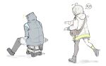  1girl 1other ahoge arknights bag doctor_(arknights) hooded_coat jb_ryshamr riding running satchel scene_(arknights) single_thighhigh spoken_expression thighhighs white_background 