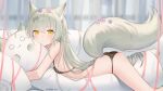  1girl animal_ear_fluff animal_ears bangs black_bra black_legwear black_panties bra cat_pillow closed_mouth couch eyebrows_visible_through_hair fox_ears fox_girl fox_tail grey_hair hair_between_eyes highres object_hug on_couch ookamisama original panties pillow pillow_hug pink_ribbon ribbon short_eyebrows solo tail thick_eyebrows thighhighs underwear underwear_only yellow_eyes 