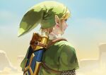  1boy armor blonde_hair blue_eyes chainmail earrings from_behind green_headwear jane_mere jewelry link looking_ahead male_focus outdoors pointy_ears sheath solo the_legend_of_zelda the_legend_of_zelda:_skyward_sword tunic 