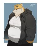  2021 absurd_res anthro belly clothing felid hi_res hoodie kemono male mammal overweight overweight_male piero03432812 shirt simple_background solo topwear white_body yellow_body 