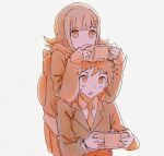  1boy 1girl alternate_color alternate_hair_ornament backpack bag bangs blunt_bangs blush brown_jacket danganronpa_(series) danganronpa_3_(anime) eyebrows_visible_through_hair flipped_hair handheld_game_console hinata_hajime holding holding_handheld_game_console hope&#039;s_peak_academy_school_uniform jacket leaning_on_person long_sleeves nanami_chiaki necktie on_shoulder open_mouth playing_games pleated_skirt qosic school_uniform sketch skirt standing triangle_hair_ornament upper_body 