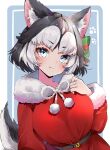  1girl :3 animal_ears belt black_hair blue_eyes blush commentary_request dog_ears dog_girl dog_tail eyebrows_visible_through_hair fang fang_out fur-trimmed_sleeves fur_collar fur_trim hair_ribbon highres kemono_friends long_sleeves looking_at_viewer pom_pom_(clothes) ribbon santa_costume short_hair siberian_husky_(kemono_friends) smile solo tail upper_body white_hair yuanagae 