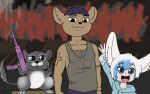  anthro anthrofied aogami beanie_hat carlos_(saints_row) chinchilla chinchillid cross feral furnut gesture graffiti group gun hi_res humanoid male male/male mammal ranged_weapon rodent skillet_(12om) smile smiling_at_viewer v_sign waving_at_viewer weapon 