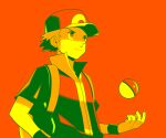  1boy backpack bag baseball_cap brown_hair closed_mouth commentary_request hat jacket jaho male_focus orange_background poke_ball poke_ball_(basic) pokemon pokemon_(game) pokemon_frlg popped_collar red_(pokemon) red_eyes red_headwear short_hair short_sleeves simple_background solo upper_body wristband 