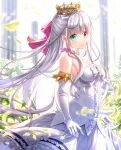  1girl bare_shoulders blurry blurry_background blurry_foreground blush bow breasts center_frills character_request cleavage closed_mouth commentary_request crown depth_of_field dress elbow_gloves frilled_dress frills fujima_takuya gloves green_eyes grey_hair hair_bow heterochromia isekai_ni_tobasaretara_papa_ni_nattandaga long_hair medium_breasts pink_bow red_eyes smile solo strapless strapless_dress striped striped_bow very_long_hair white_dress white_gloves 