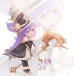  1girl absurdres alternate_costume bangs black_headwear black_jacket black_legwear braid commentary_request from_side gloves grey_background highres holding holding_staff horse jacket league_of_legends lightcharger_(teamfight_tactics) little_legend long_hair long_sleeves lulu_(league_of_legends) pantyhose pegasus purple_hair qin_da_xing shiny shiny_hair shoes staff teamfight_tactics white_gloves wings yordle zoom_layer 