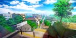  ball blue_sky building chain-link_fence city cityscape cloud commentary_request day fence highres mountainous_horizon naohiro no_humans original outdoors park railing road scenery sky skyscraper soccer_ball stairs street sun tree vanishing_point window 