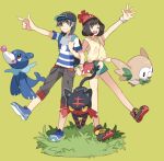  1boy 1girl ;d arms_up backpack bag bangs bare_legs baseball_cap beanie black_hair blue_footwear bracelet brown_hair capri_pants closed_mouth commentary_request elio_(pokemon) grass green_background green_shorts grey_eyes grey_pants hat huan_li jewelry leg_up litten locked_arms medium_hair one_eye_closed open_mouth pants pokemon pokemon_(creature) pokemon_(game) pokemon_sm popplio red_headwear rowlet selene_(pokemon) shirt shoes short_sleeves shorts smile sneakers standing standing_on_one_leg starter_pokemon_trio striped striped_shirt t-shirt teeth tied_shirt tongue upper_teeth yellow_shirt z-ring 