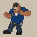  2021 anthro black_nose bottomwear brok_the_investigator brown_body clothing cowcatgames hi_res humanoid_hands male mammal official_art overweight overweight_male pants police police_badge police_hat police_uniform r.j._(brok_the_investigator) shirt simple_background solo topwear uniform ursid 