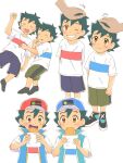  2boys ash_ketchum blue_stripes child choco99poke clone eating food headpat holding holding_food looking_at_viewer multiple_boys pokemon pokemon_(anime) pokemon_swsh_(anime) red_stripes shorts siblings simple_background sleeping twins white_background 